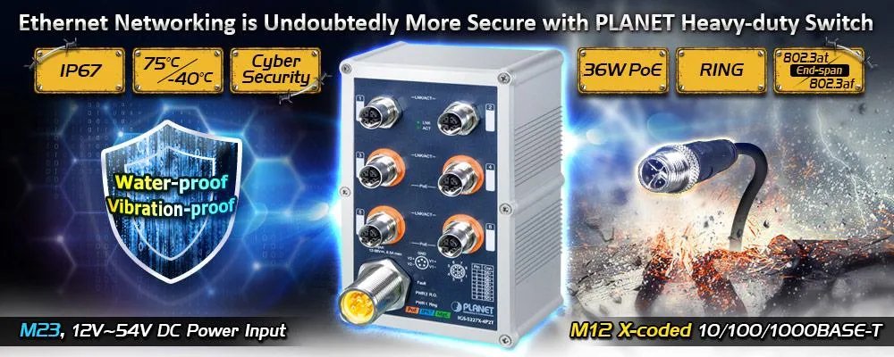 Switch PLANET M12 de 6 puertos PoE+ con conectores M12 y M23 resistente a agua y vibraciones en entorno industrial de red