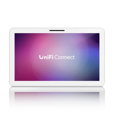 Ubiquiti UniFi Connect Display Full HD PoE++ Touchscreen mit weißem Rahmen und lila-blauem Hintergrund mit UniFi Ubiquiti UniFi Connect Display Full HD PoE++ Touchscreen mit weißem Rahmen und lila-blauem Hintergrund mit UniFi