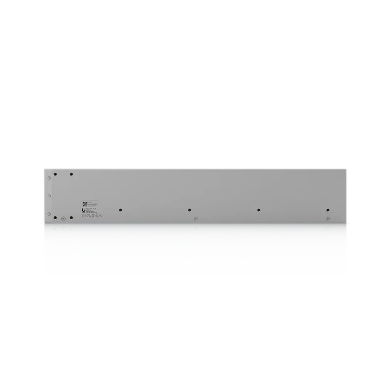 Ubiquiti UNAS-Pro-8 network storage chassis top-down view showing silver metal surface with black fasteners and regulatory