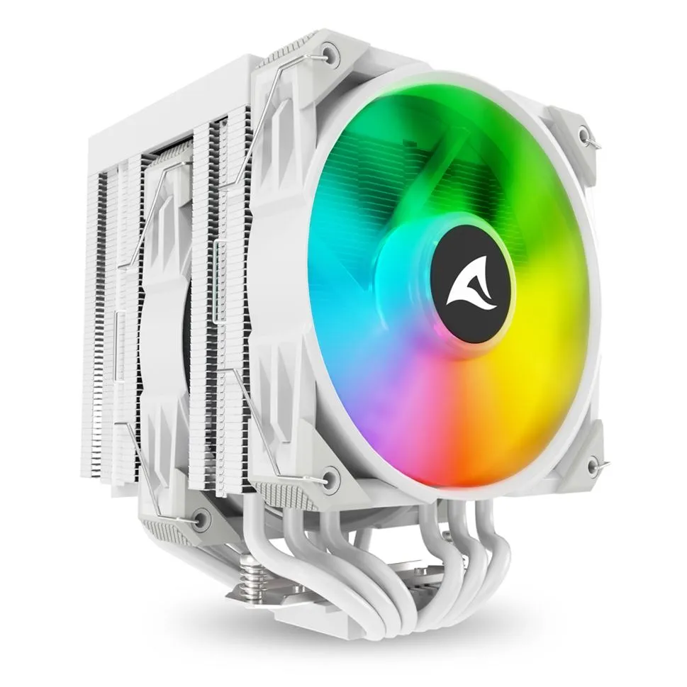 Sharkoon CPU-Kühler A60 weiß mit 120mm RGB-Lüfter und Aluminium-Lamellen in Schrägansicht für AM4/AM5-Systeme. Sharkoon CPU-Kühler A60 weiß mit 120mm RGB-Lüfter und Aluminium-Lamellen in Schrägansicht für AM4/AM5-Systeme.