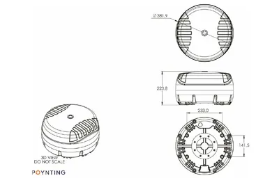 Poynting A-SWIRL-0008-V1-02 8x8 MIMO 5G/LTE-Marineantenne mit technischen Zeichnungen in drei Ansichten und Millimetermaßen