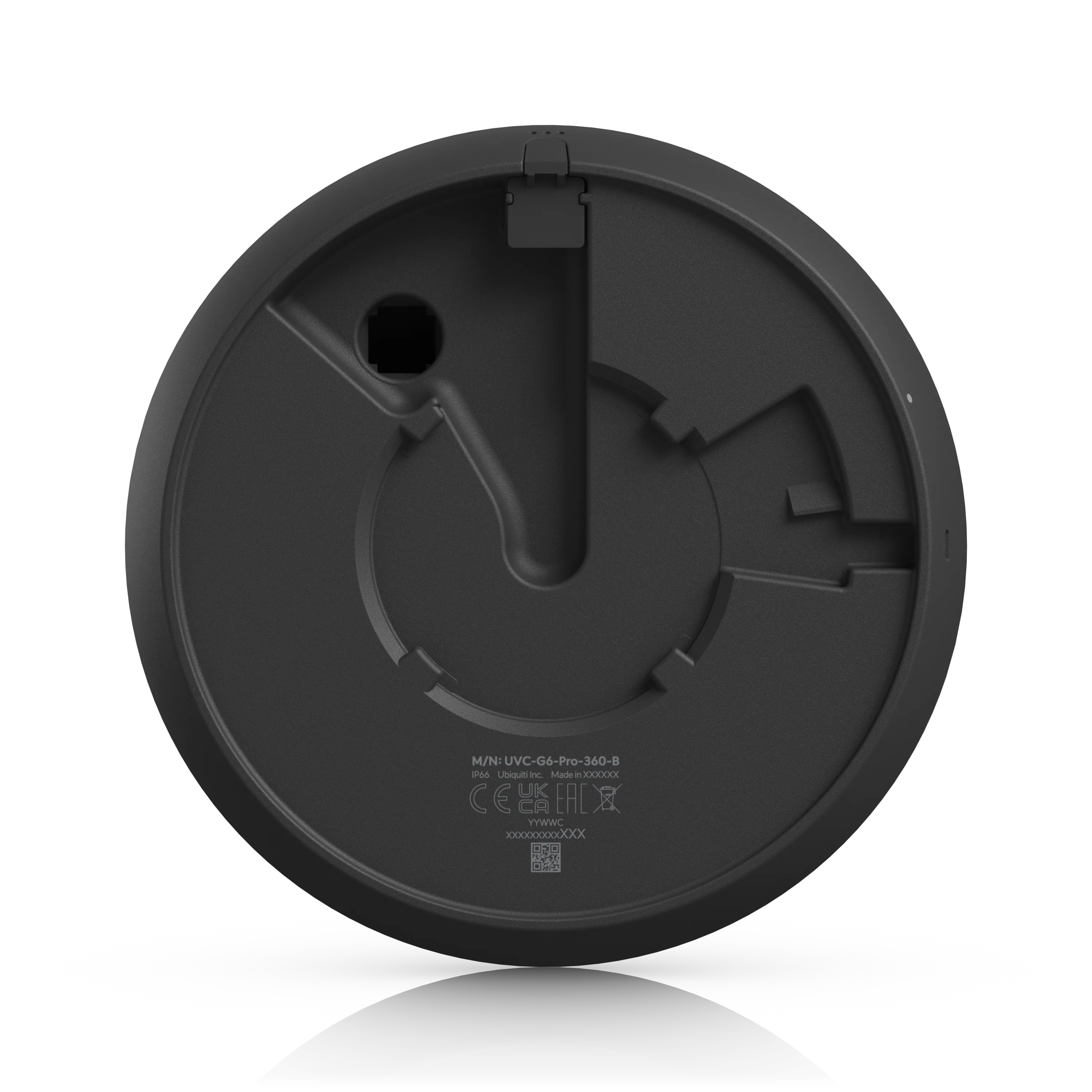 Ubiquiti Video Kamera UVC-G6-Pro-360-B Rückansicht mit Montagebereich, Modellnummer und Zertifizierungslogos auf schwarzem