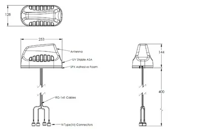 Poynting A-Heli-0040-V1-01 WiFi-Antenne schwarz mit N-Type-Stecker technische Zeichnung mit Maßen für Tunnel- und