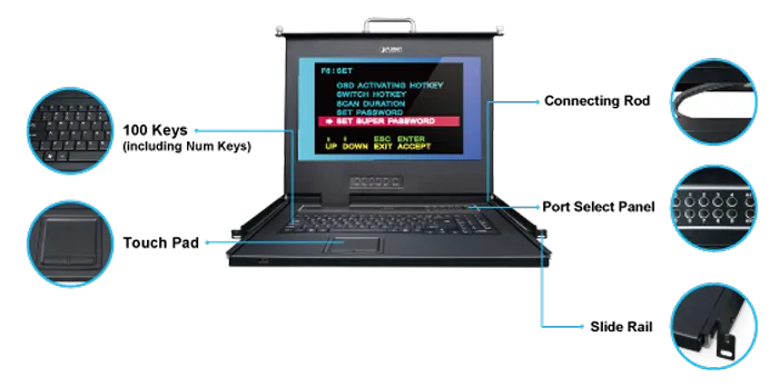 Planet IKVM-210-16M 17" 16-Port Combo VGA LCD IP KVM Switch: 1280x1024 video quality, Up to 256 computers, On Screen Display (OSD), Quick View Setting (QVS), Ho