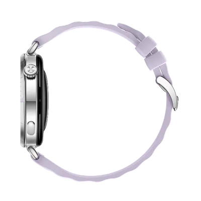 Huawei WATCH GT6 41mm with silver case and light purple fluoroelastomer strap showcasing circular crown and function