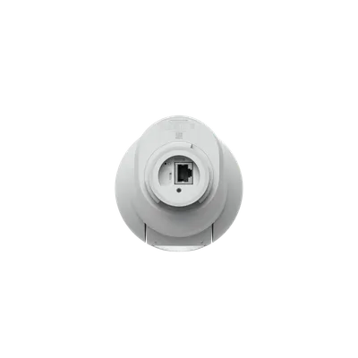 Ubiquiti UVC-G6-PTZ чёрная PTZ-камера, вид снизу на белый корпус с разъёмом RJ45, QR-кодом и серийным номером. Ubiquiti UVC-G6-PTZ чёрная PTZ-камера, вид снизу на белый корпус с разъёмом RJ45, QR-кодом и серийным номером.