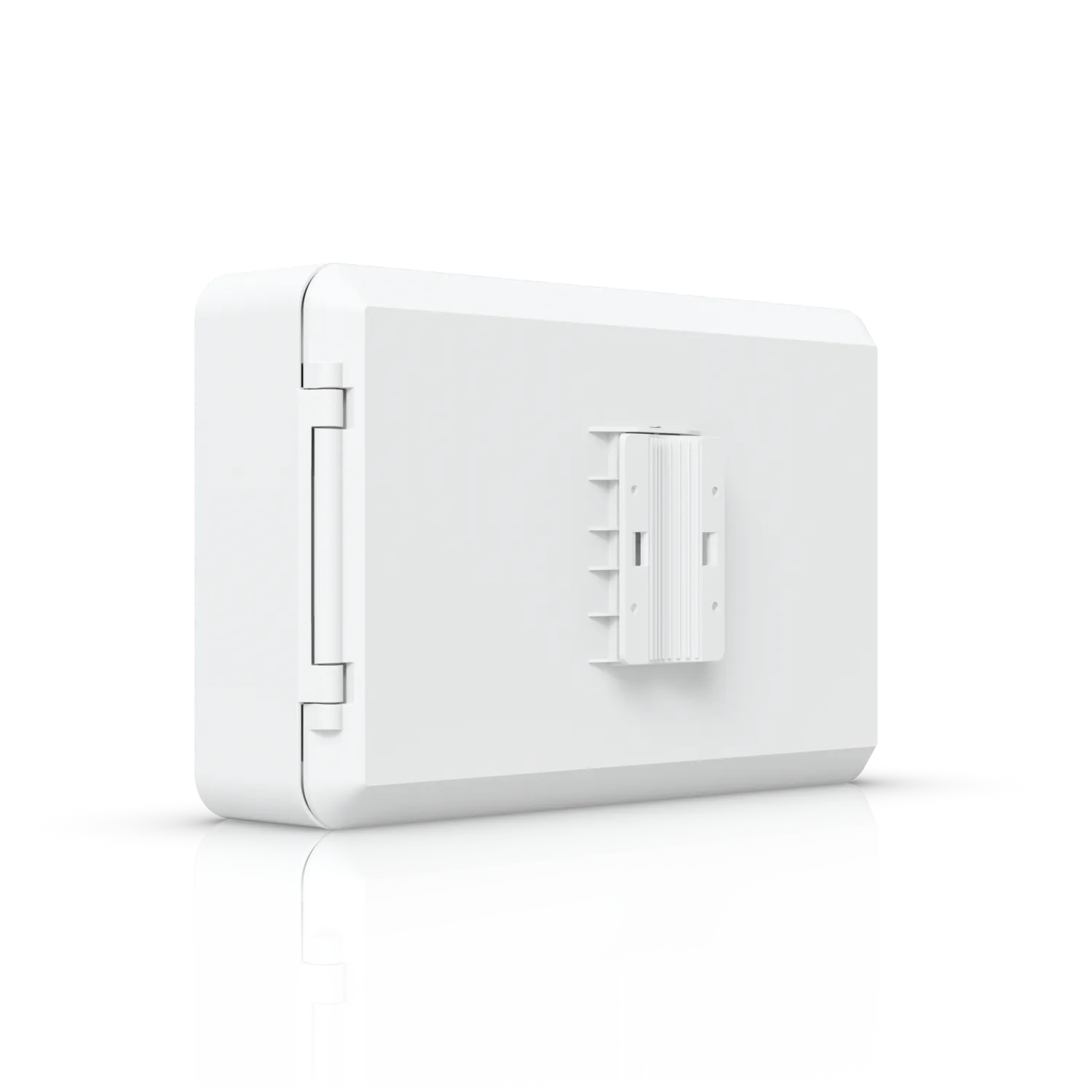 Ubiquiti UniFi Flex-Switch Utility Pro Rückansicht mit Scharnier und Montagehalterung auf weißer Oberfläche. Ubiquiti UniFi Flex-Switch Utility Pro Rückansicht mit Scharnier und Montagehalterung auf weißer Oberfläche.