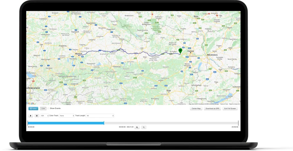 InControl 2 Abo (2-Jahre), Laptop zeigt Routenplanung von München nach Wien mit Steuerungsoptionen und GPX-Download. InControl 2 Abo (2-Jahre), Laptop zeigt Routenplanung von München nach Wien mit Steuerungsoptionen und GPX-Download.
