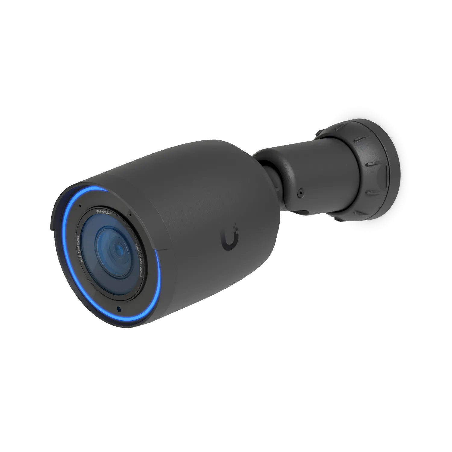 Ubiquiti UVC-G6-Pro-Bullet weiße Überwachungskamera mit blauem LED-Ring auf schwarzem Hintergrund montiert.