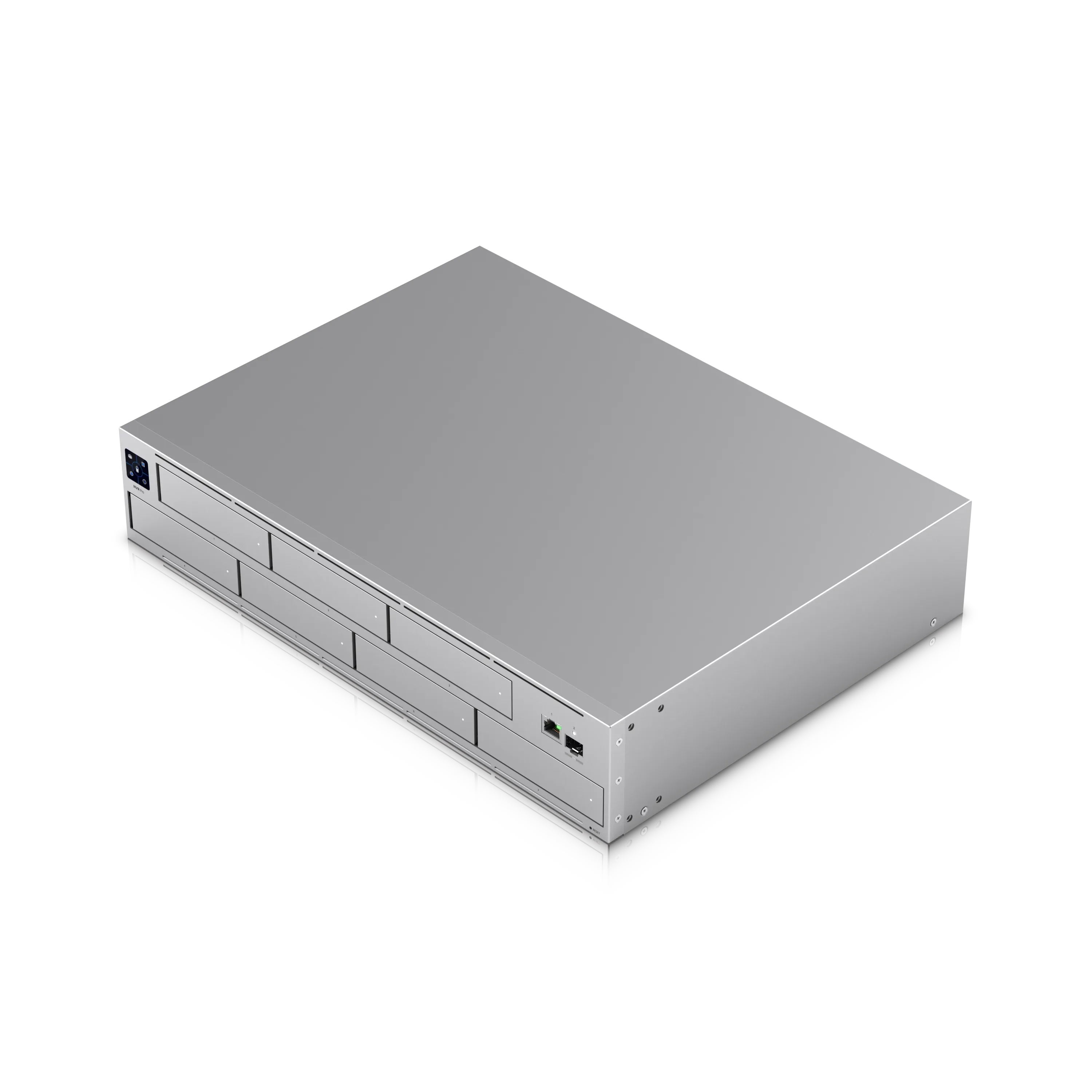 Ubiquiti UniFi UNVR-PRO 7-Bay Netzwerk-Videorekorder mit silbernem Rack-Gehäuse, sieben Laufwerksschächten, Power-Taste und