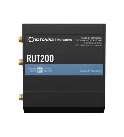 Teltonika RUT200 kompakter 4G/LTE-Router mit eSIM in schwarzem Gehäuse Frontansicht Logo Modellname Herkunftsland Teltonika RUT200 kompakter 4G/LTE-Router mit eSIM in schwarzem Gehäuse Frontansicht Logo Modellname Herkunftsland