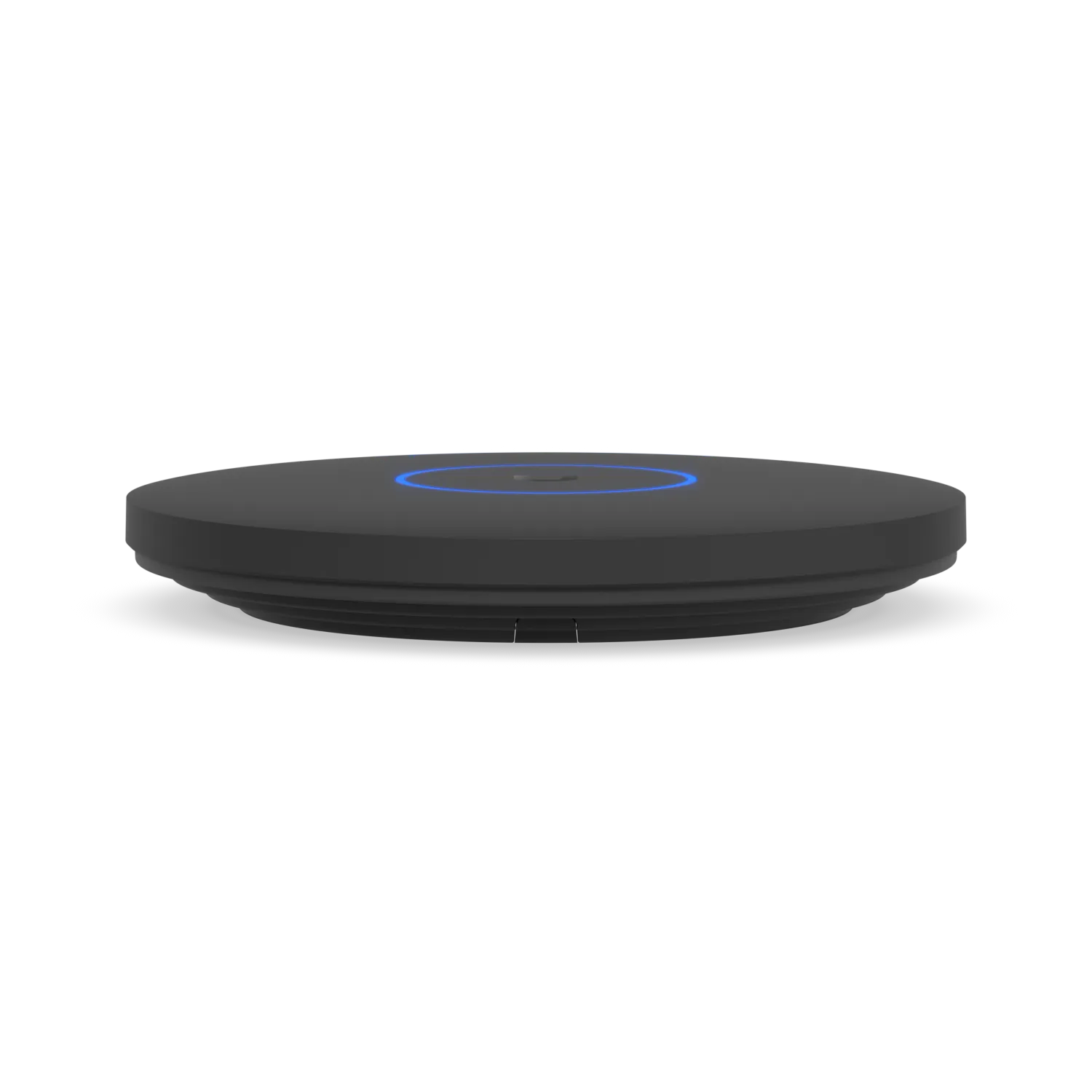 Ubiquiti UniFi AP U7-PRO XGS wireless access point with glowing blue LED ring and ridged black housing displayed against a Ubiquiti UniFi AP U7-PRO XGS wireless access point with glowing blue LED ring and ridged black housing displayed against a