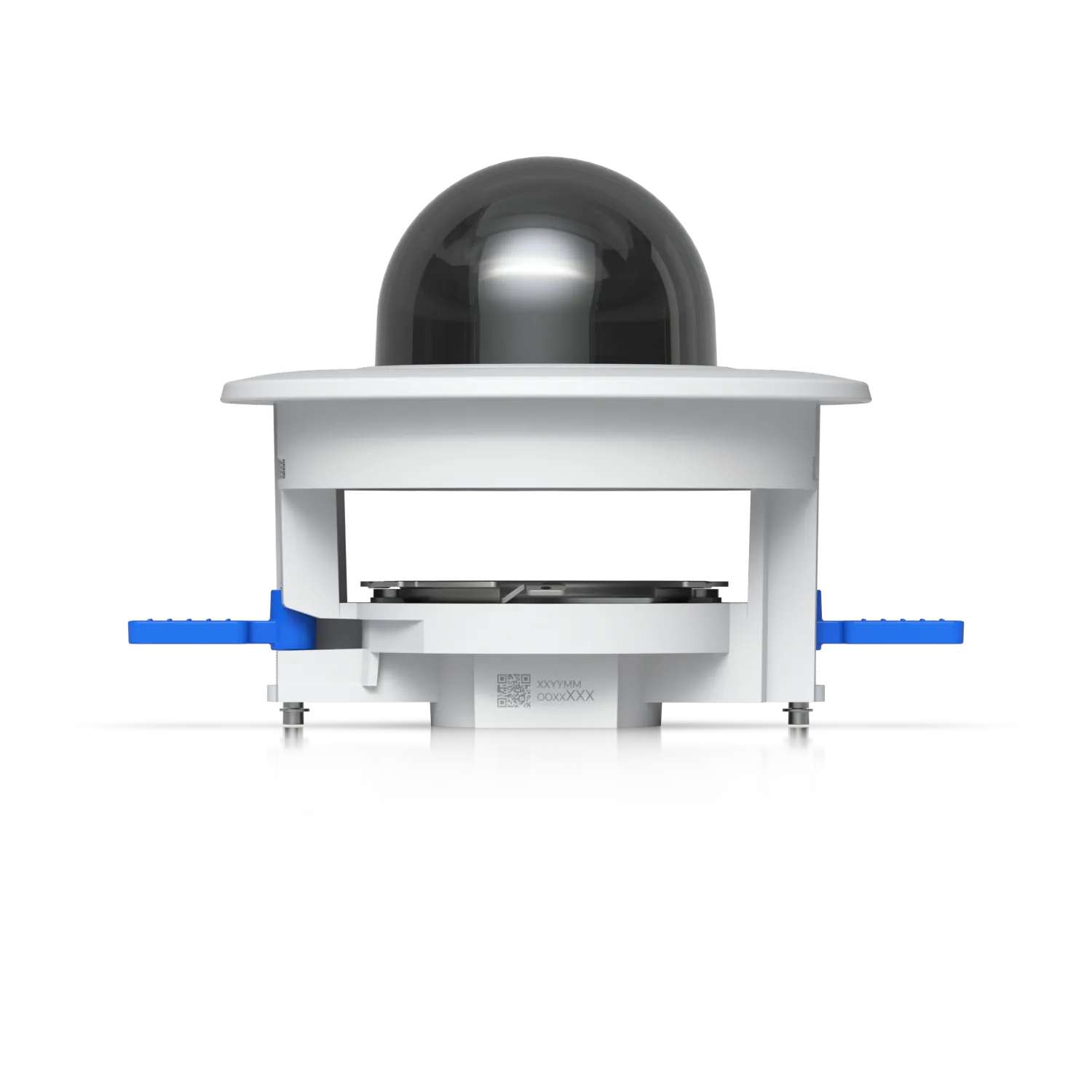 Ubiquiti UACC-G5-Dome-Ultra-FM-SB-B Halterung seitlich abgebildet mit weißem Gehäuse, dunkler Kuppel, blauen Justierclips