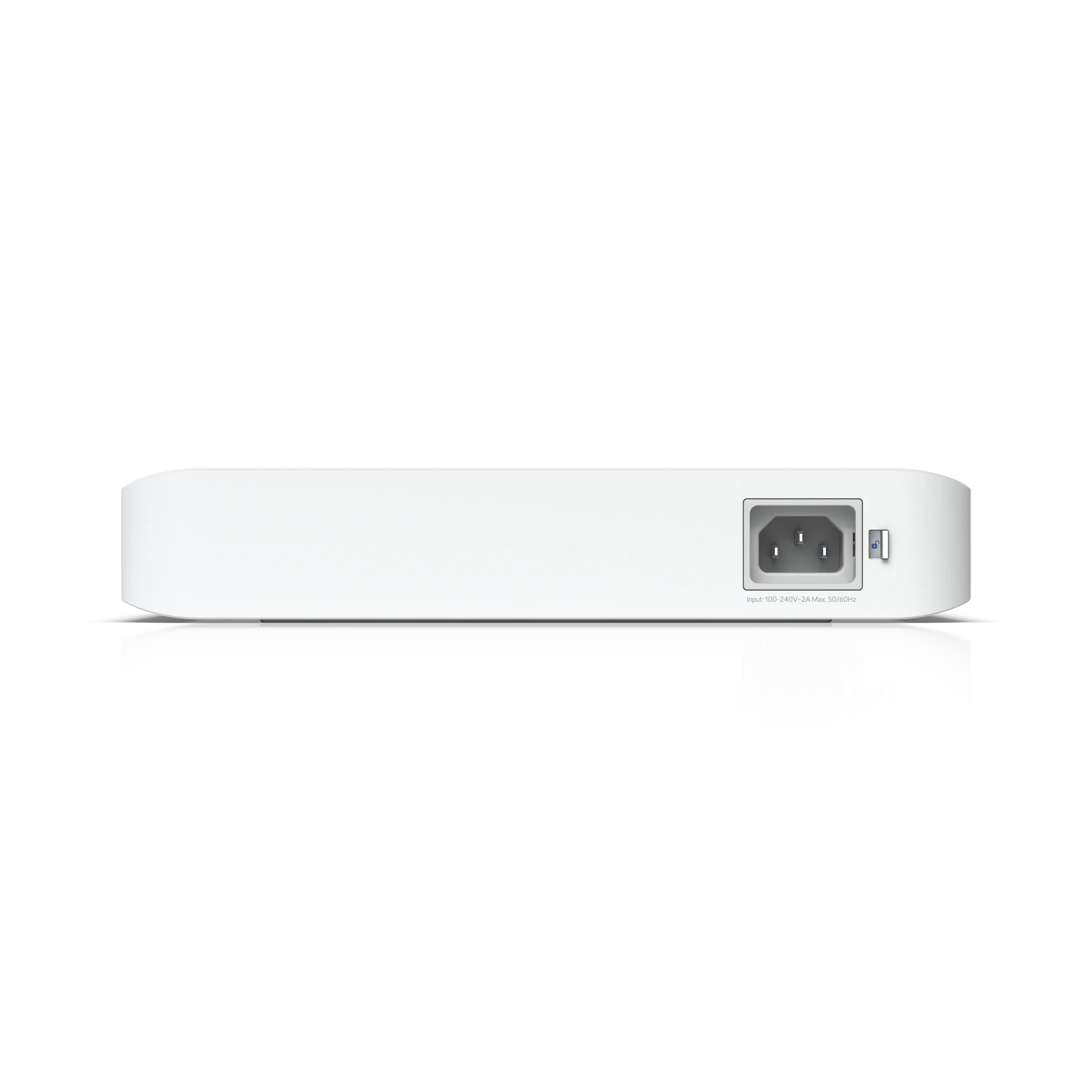 Ubiquiti UniFi Switch USW-Pro-8-POE 120W PoE++ SFP+ rear view showing IEC power inlet, security lock slot, and input Ubiquiti UniFi Switch USW-Pro-8-POE 120W PoE++ SFP+ rear view showing IEC power inlet, security lock slot, and input