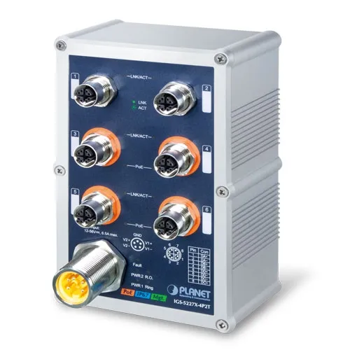 Switch PLANET M12 IGS-5227X-4P2T con 4 puertos PoE+ y 2 puertos Gigabit en carcasa metálica plateada con conectores M12 y