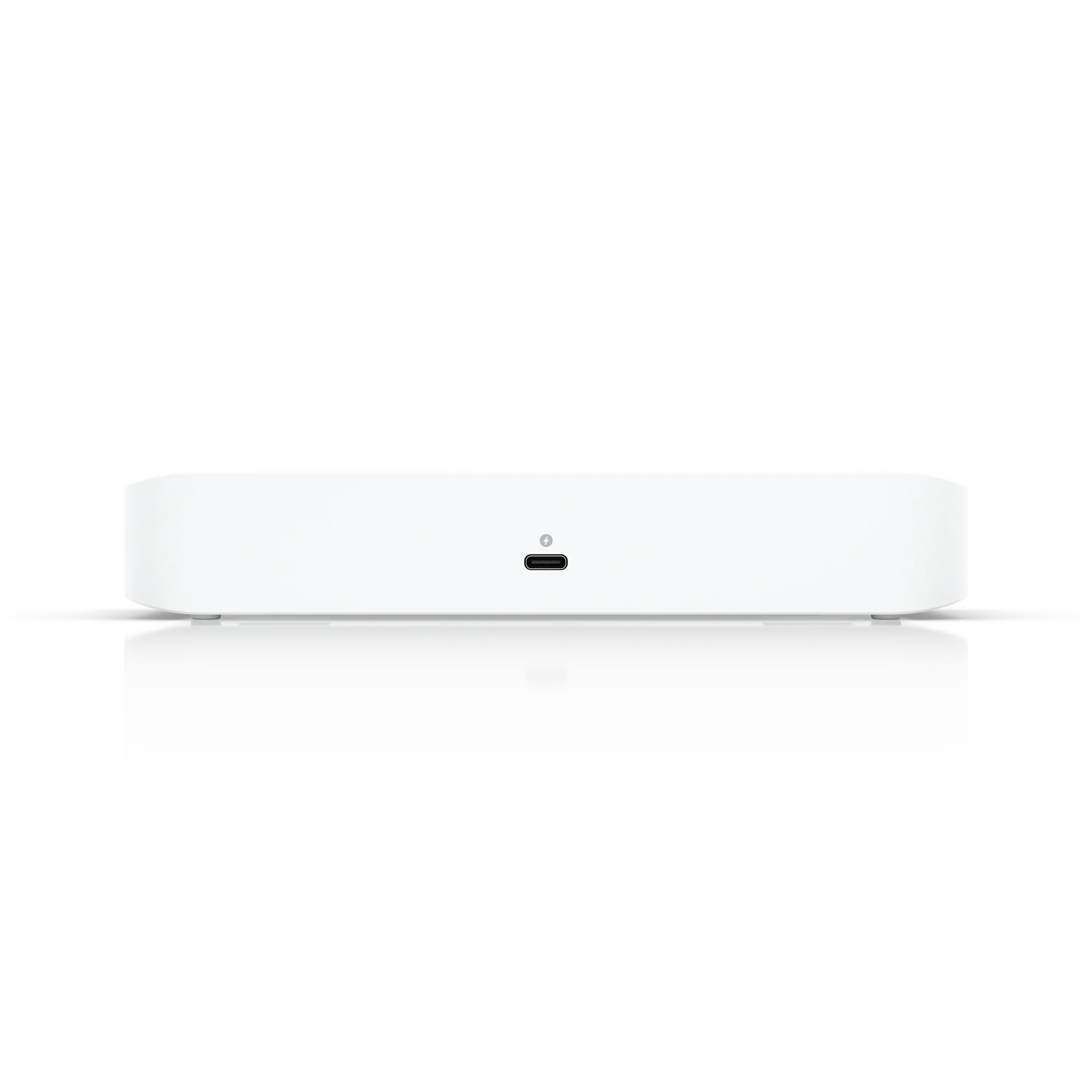 Commutateur réseau Ubiquiti UniFi USW-Flex-XG blanc avec port USB-C central et icône d’alimentation, vue de face sur fond Commutateur réseau Ubiquiti UniFi USW-Flex-XG blanc avec port USB-C central et icône d’alimentation, vue de face sur fond