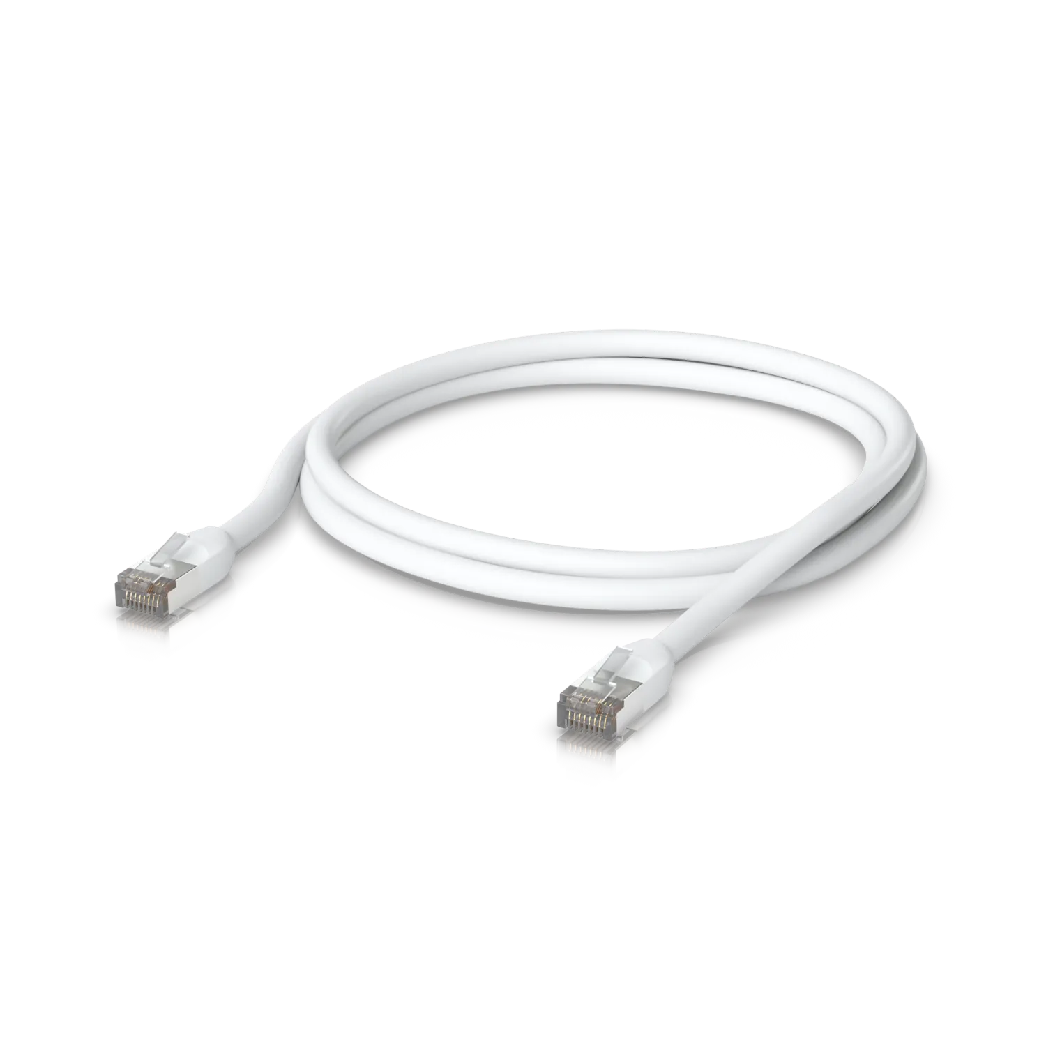 Câble patch Ethernet UniFi Outdoor blanc 1 m Cat 5e STP enroulé avec connecteurs RJ45 blindés visibles sur fond neutre. Câble patch Ethernet UniFi Outdoor blanc 1 m Cat 5e STP enroulé avec connecteurs RJ45 blindés visibles sur fond neutre.