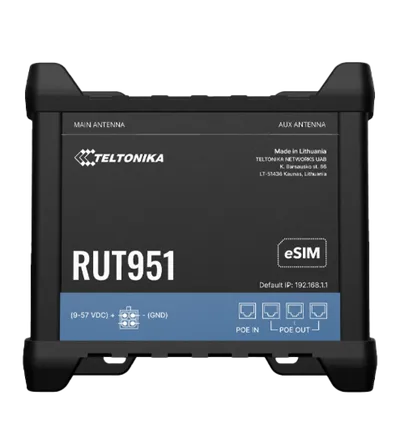Teltonika RUT951 маршрутизатор для мобильных сетей с фронтальной панелью, меткой eSIM и схемой подключения POE портов.