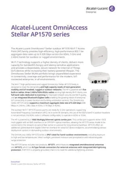 ALCATEL-LUCENT OmniAccess Stellar AP1321 Wi-Fi 6 Access Point mit Datenblattansicht, Gehäuse mit Logo, Lüftungsgittern und ALCATEL-LUCENT OmniAccess Stellar AP1321 Wi-Fi 6 Access Point mit Datenblattansicht, Gehäuse mit Logo, Lüftungsgittern und