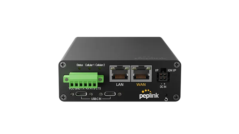 MAX Transit Duo Pro Bundle with 2-Year plan, black Peplink router rear view showing USB-C ports, Ethernet jacks, power