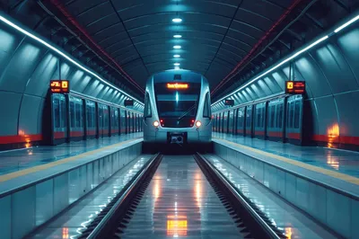 Poynting A-Heli-0040-V1-01 WLAN-Antenne für Tunnel und Minenfahrzeuge an futuristischem Zug in moderner U-Bahn-Station mit