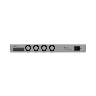 Ubiquiti UniFi Switch Pro-Aggregation Rückansicht mit 4 Lüftungsgittern, Stromanschluss und Display im Rack-Montage-Design. Ubiquiti UniFi Switch Pro-Aggregation Rückansicht mit 4 Lüftungsgittern, Stromanschluss und Display im Rack-Montage-Design.