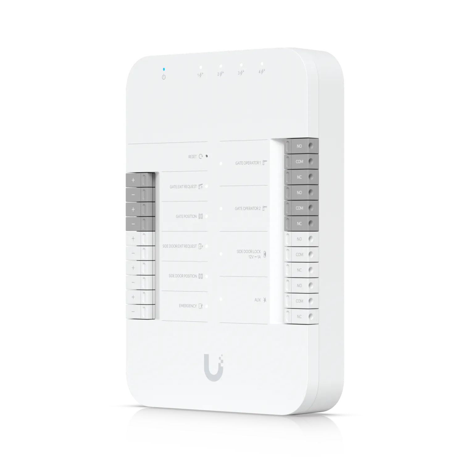 Ubiquiti Access Gate Hub control panel with LED indicators, terminal blocks, and labeled access control ports for gate and Ubiquiti Access Gate Hub control panel with LED indicators, terminal blocks, and labeled access control ports for gate and