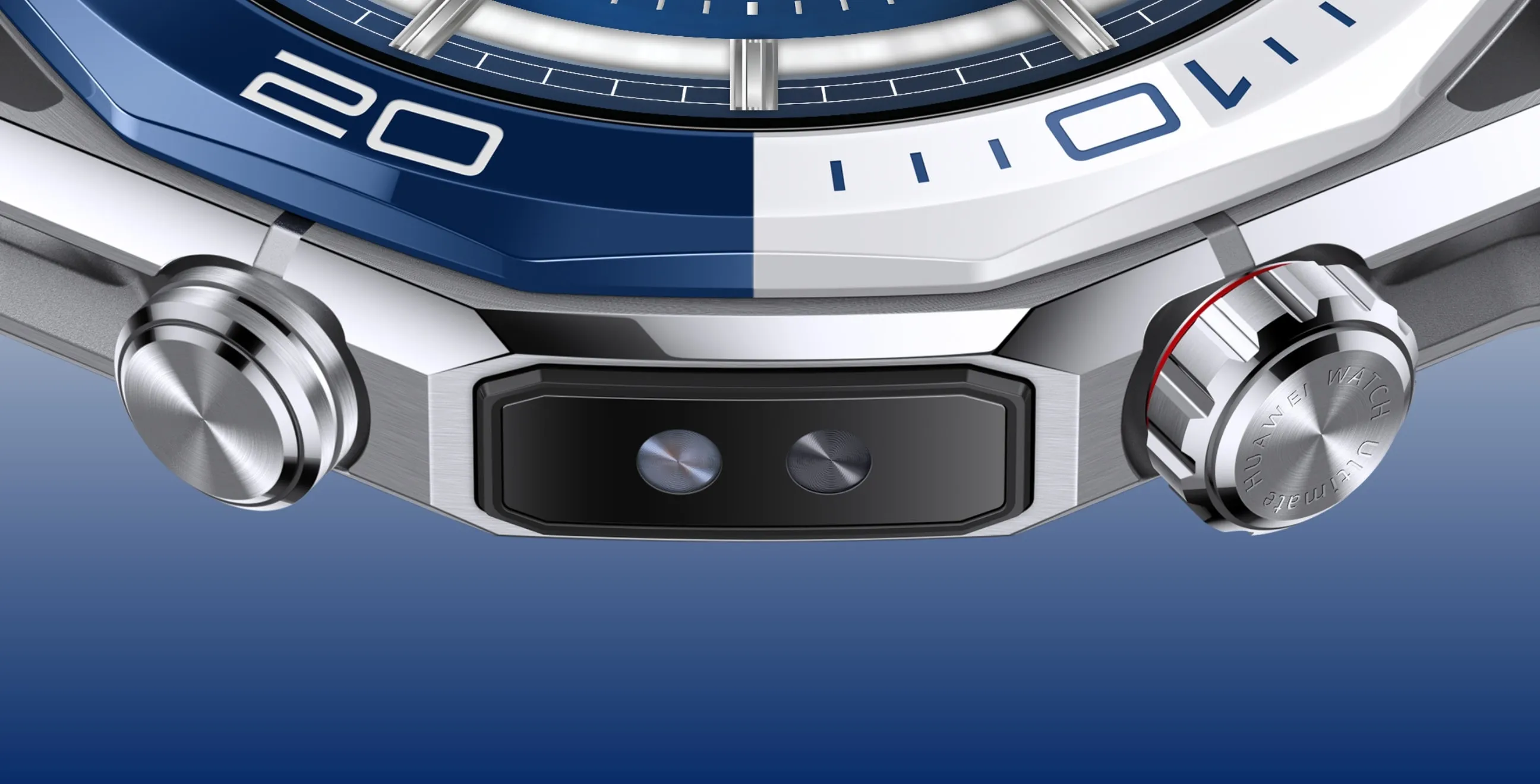HUAWEI WATCH Ultimate 2 (March-B29) in Blue and White Fluoroelast, side view showing engraved crown, flat button, and