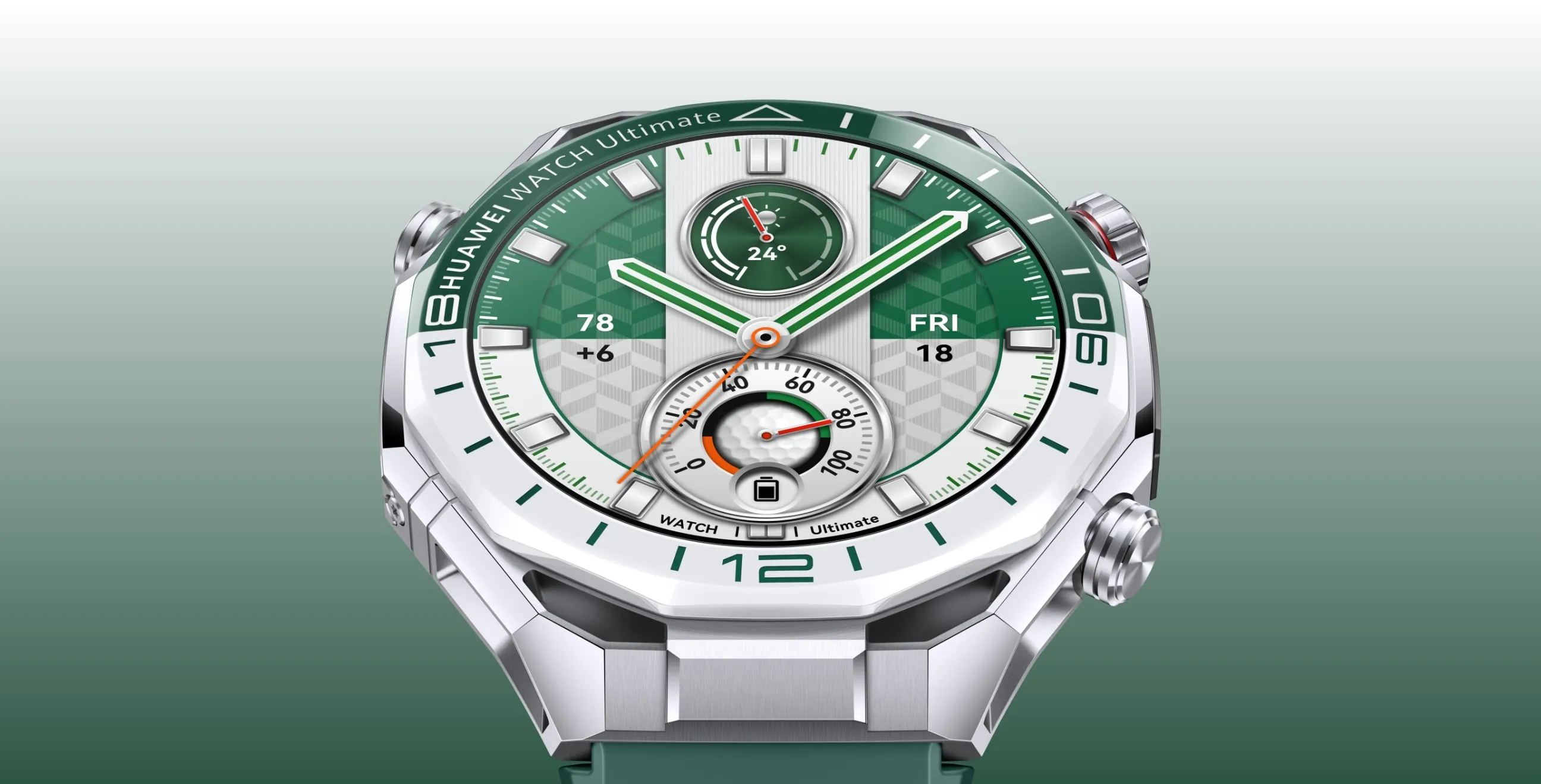 HUAWEI WATCH Ultimate 2 March-B29 in Blue and White Fluoroelast with silver case and green-white analog dial showing