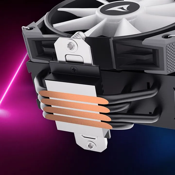 Sharkoon CPU-Kühler A40 120mm RGB mit schwarzem Heatsink, weißem Lüfter und vier Kupfer-Heatpipes auf silberner Bodenplatte Sharkoon CPU-Kühler A40 120mm RGB mit schwarzem Heatsink, weißem Lüfter und vier Kupfer-Heatpipes auf silberner Bodenplatte