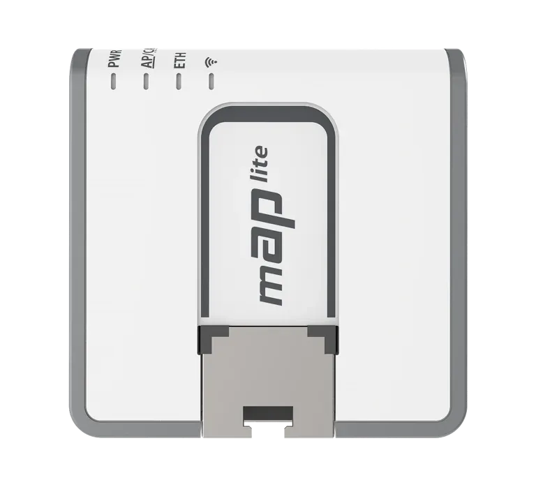 Point d'accès sans fil MikroTik mAP lite blanc à bords gris arrondis vu de dessus avec port Ethernet et quatre voyants LED Point d'accès sans fil MikroTik mAP lite blanc à bords gris arrondis vu de dessus avec port Ethernet et quatre voyants LED