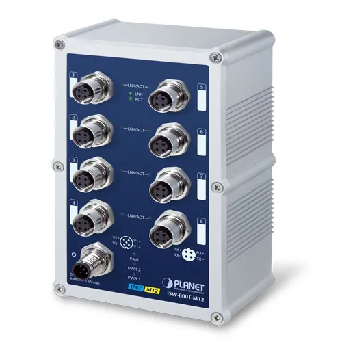 Switch industriale PLANET ISW-800T-M12 IP67 con 8 porte M12 10/100TX, LED di stato e connettore di alimentazione in Switch industriale PLANET ISW-800T-M12 IP67 con 8 porte M12 10/100TX, LED di stato e connettore di alimentazione in