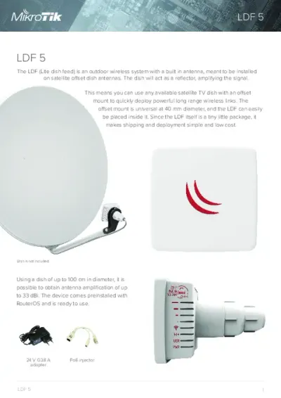 Antena MikroTiK LDF 5 5GHz 9dBi con carcasa blanca y logo rojo montada en plato satelital, vistas frontal, lateral y panel Antena MikroTiK LDF 5 5GHz 9dBi con carcasa blanca y logo rojo montada en plato satelital, vistas frontal, lateral y panel