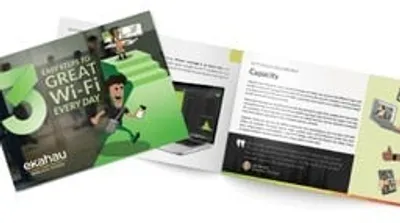 Ekahau Sidekick V2 Wi-Fi analyzer with 2.4/5/6GHz support shown in open promo brochure highlighting 3-step Wi-Fi Ekahau Sidekick V2 Wi-Fi analyzer with 2.4/5/6GHz support shown in open promo brochure highlighting 3-step Wi-Fi