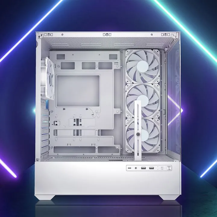 Weißes Sharkoon AK6 RGB ATX-Gehäuse mit Glas-Seitenpanel, sichtbarem Innenraum, drei Frontlüftern, GPU-Halterung, Weißes Sharkoon AK6 RGB ATX-Gehäuse mit Glas-Seitenpanel, sichtbarem Innenraum, drei Frontlüftern, GPU-Halterung,