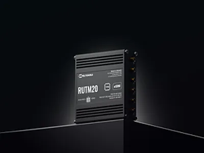 TELTONIKA RUTM20 5G/LTE Dual-SIM eSIM PoE-Router mit globalem Telit-Modem in dunkelgrauem Industriegehäuse mit TELTONIKA RUTM20 5G/LTE Dual-SIM eSIM PoE-Router mit globalem Telit-Modem in dunkelgrauem Industriegehäuse mit