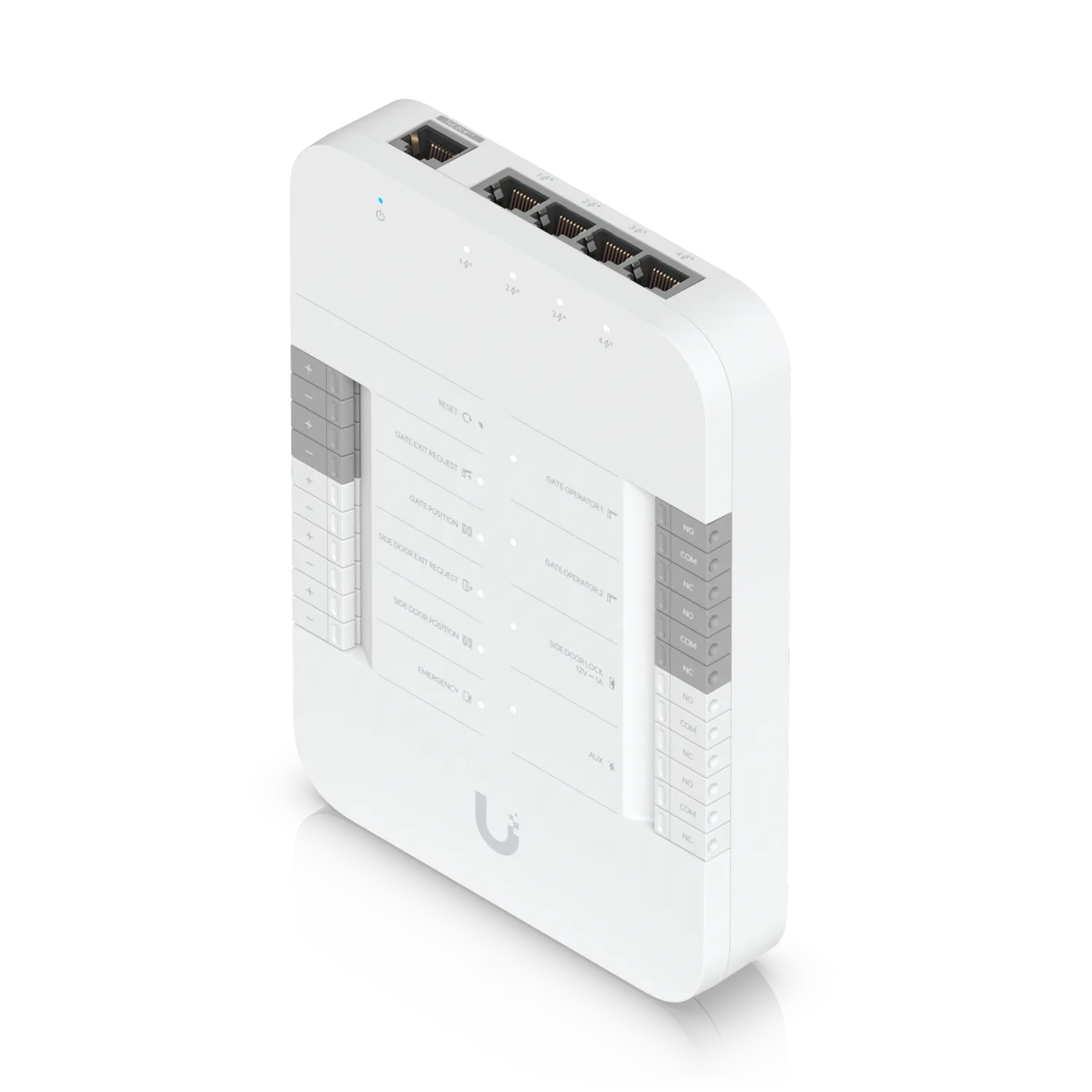 Ubiquiti Access Gate Hub angled view showing top Ethernet ports and front terminal blocks for gate access control systems Ubiquiti Access Gate Hub angled view showing top Ethernet ports and front terminal blocks for gate access control systems