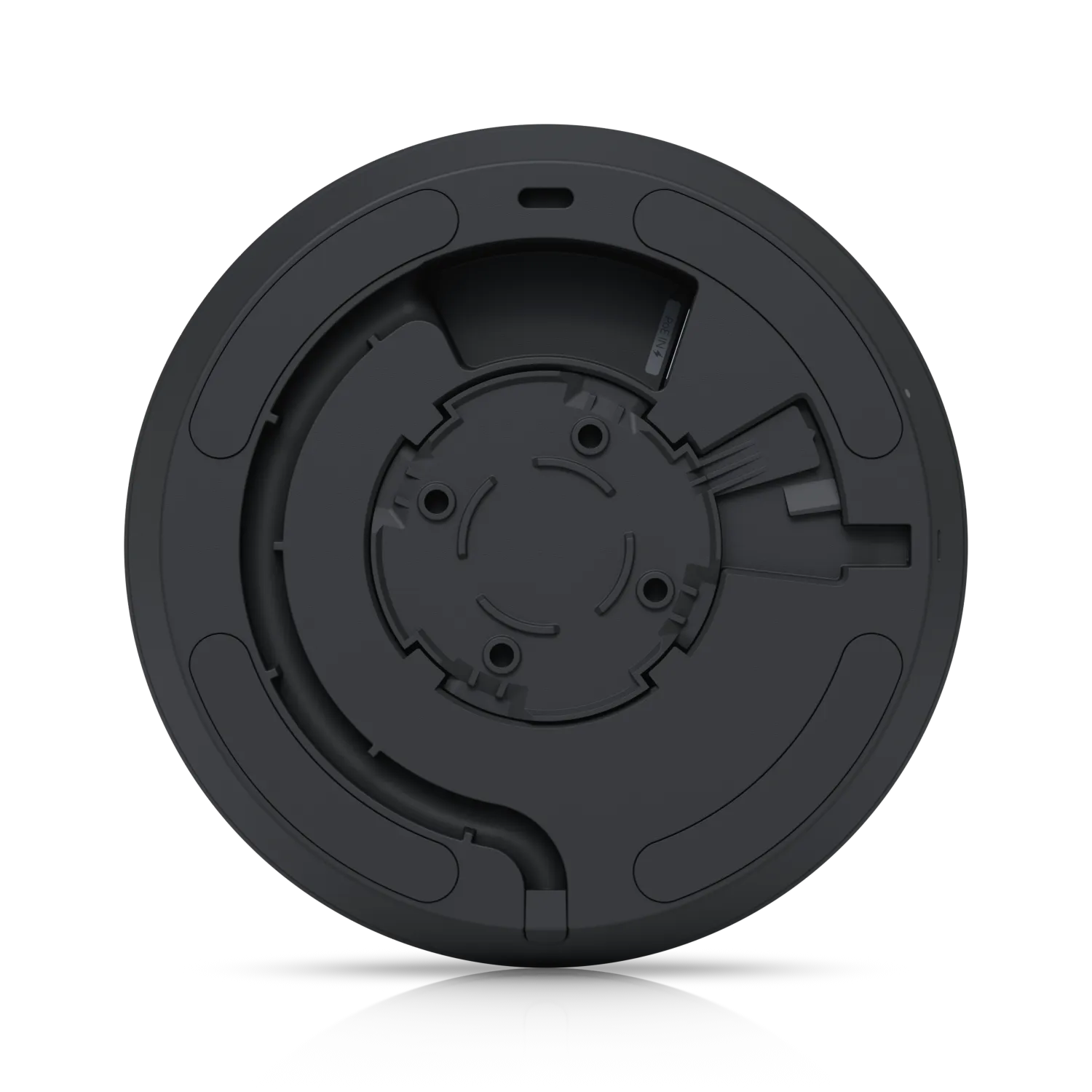 Ubiquiti Video Kamera UVC-AI-360 Rückansicht mit zentraler Montageplatte und vier Schraublöchern für Wand- oder Ubiquiti Video Kamera UVC-AI-360 Rückansicht mit zentraler Montageplatte und vier Schraublöchern für Wand- oder