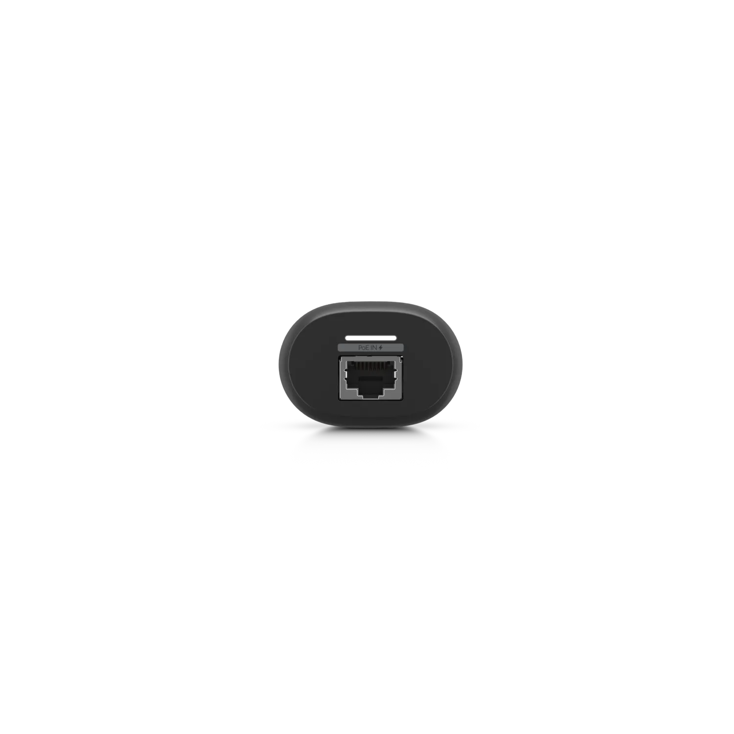 Ubiquiti UFP-VIEWPORT PoE adapter with centered RJ45 PoE IN port on black casing against dark background. Ubiquiti UFP-VIEWPORT PoE adapter with centered RJ45 PoE IN port on black casing against dark background.