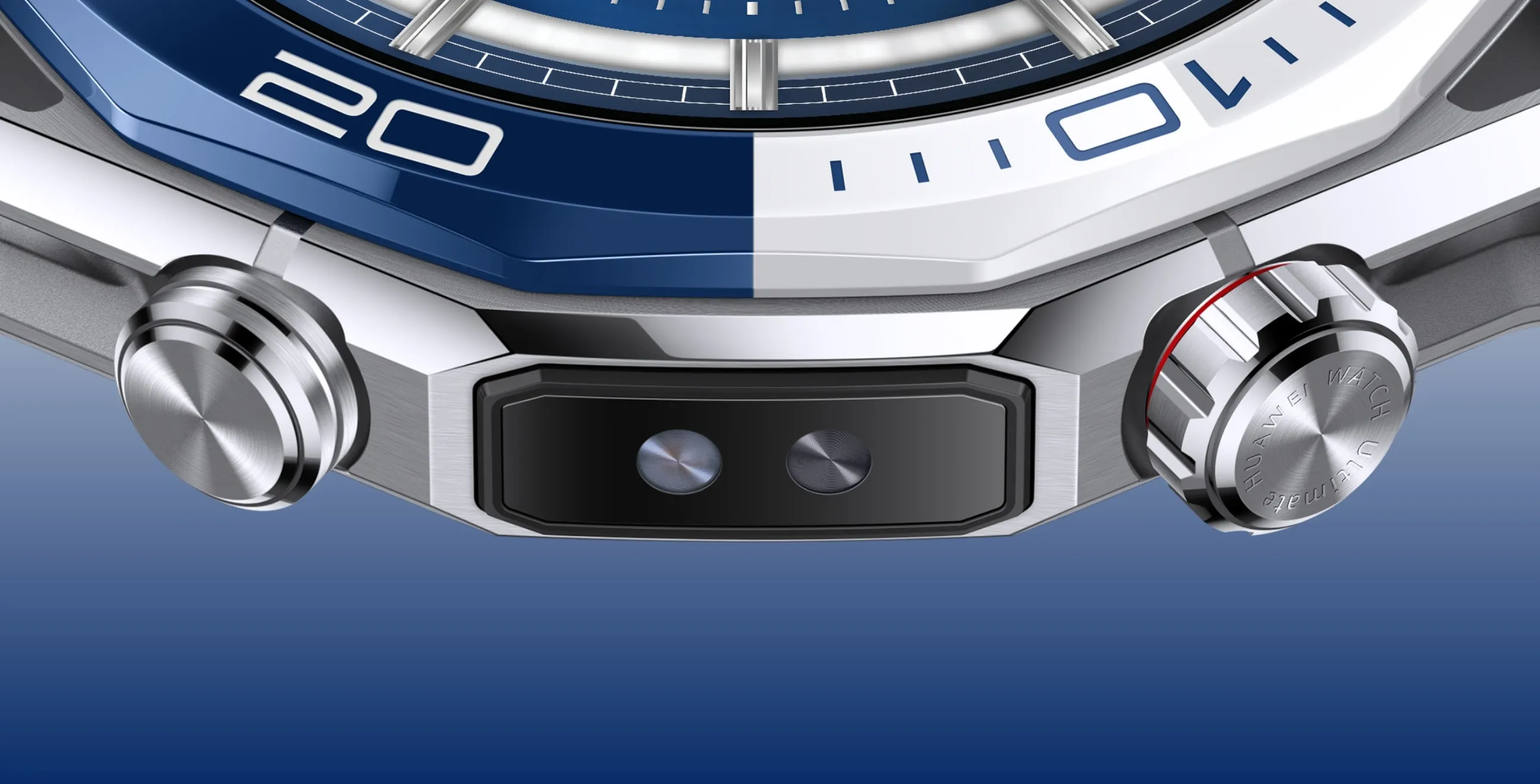 HUAWEI WATCH Ultimate 2 (March-B39) Green smartwatch side view showing engraved rotating crown, push-button, and dual-lens