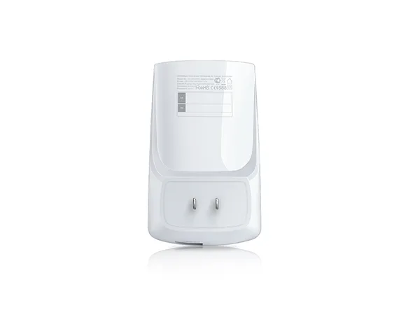 TP-Link TL-WA850RE 300Mbps WLAN-Repeater Rückansicht mit zwei Metallsteckkontakten für die Steckdose und Typenschild auf