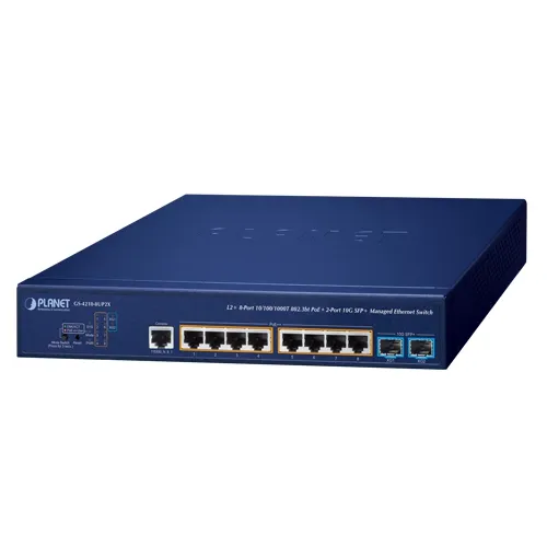Switch di rete PLANET GS-4210-8LP2X con 4 porte 2.5GBASE-T e 2 SFP+ 10GBASE-X, pannello frontale con LED e porte RJ45 Switch di rete PLANET GS-4210-8LP2X con 4 porte 2.5GBASE-T e 2 SFP+ 10GBASE-X, pannello frontale con LED e porte RJ45