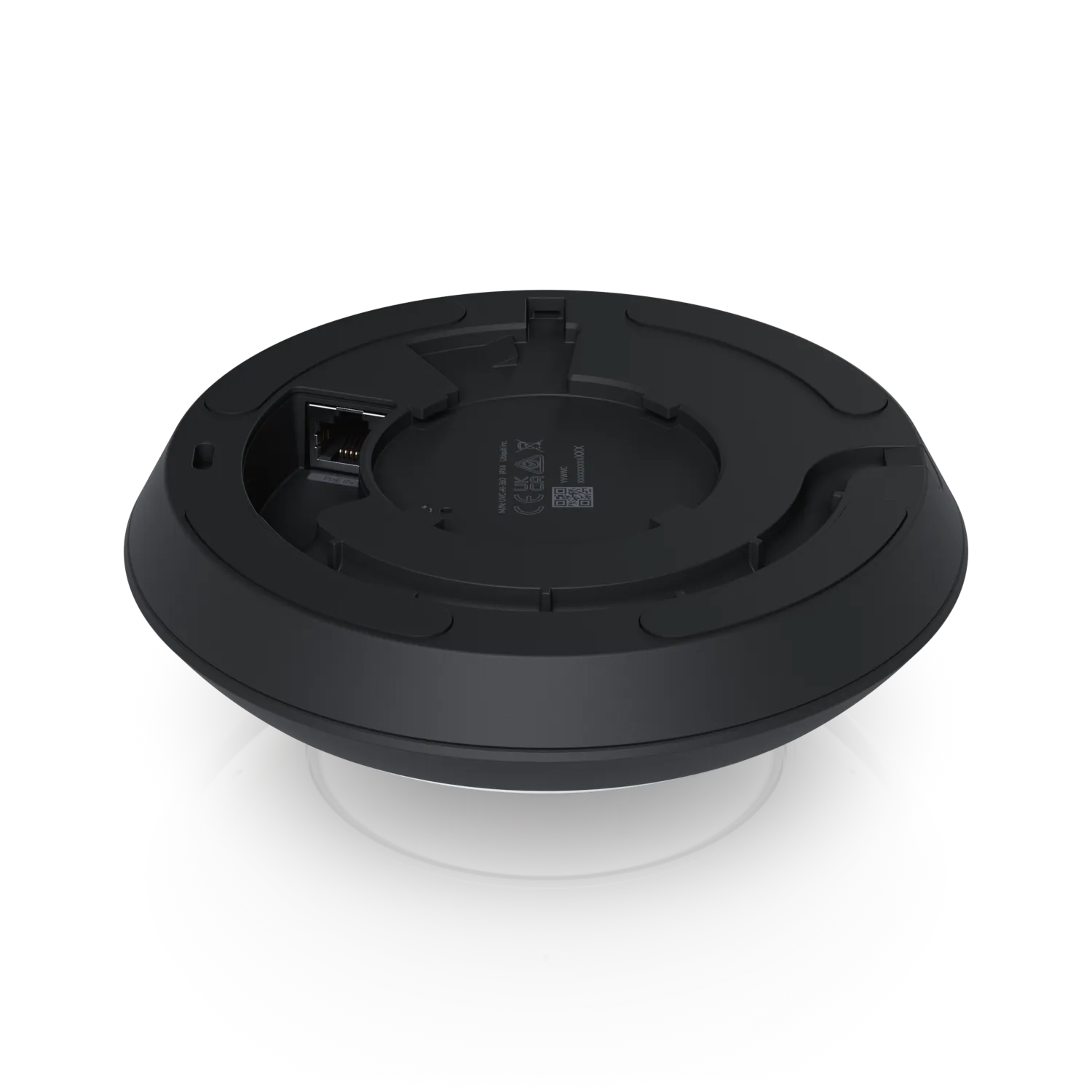 Ubiquiti Video Kamera UVC-AI-360 Rückansicht mit Montagebasis, Ethernet-Anschluss und Regulierungszeichen für Ubiquiti Video Kamera UVC-AI-360 Rückansicht mit Montagebasis, Ethernet-Anschluss und Regulierungszeichen für