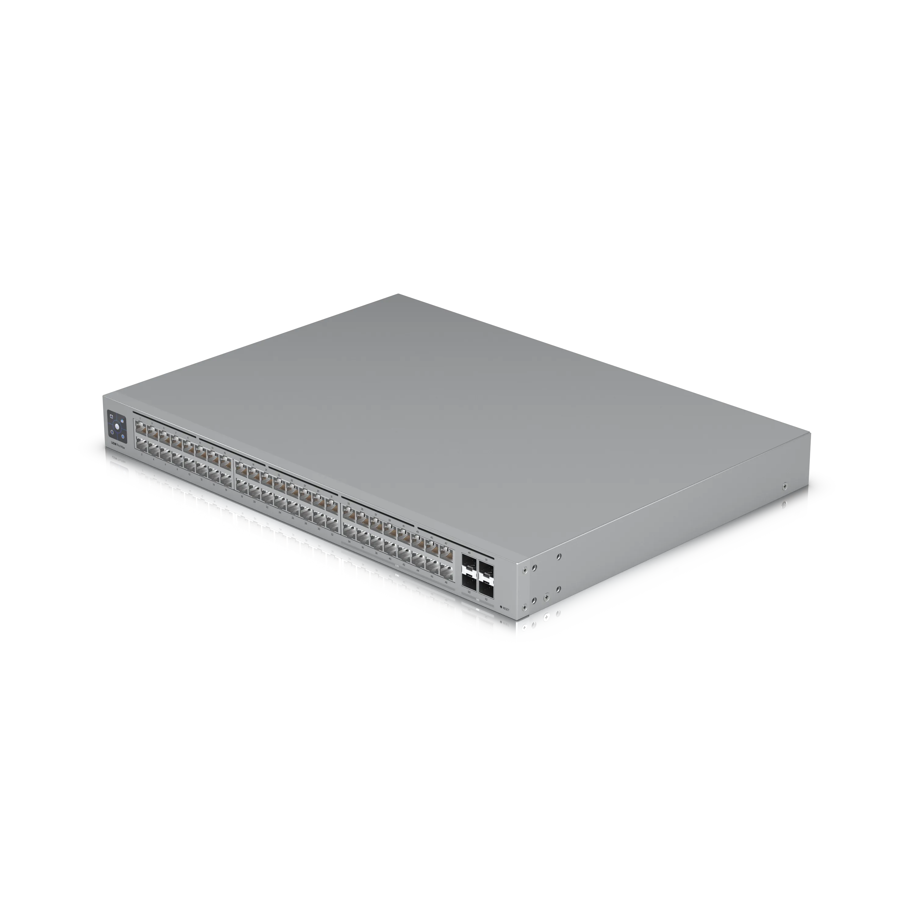 Ubiquiti UniFi Switch USW-Pro-Max-48-POE 720W PoE++ mit 48 Ethernet- und SFP+-Ports in silbernem Rackmount-Gehäuse vor Ubiquiti UniFi Switch USW-Pro-Max-48-POE 720W PoE++ mit 48 Ethernet- und SFP+-Ports in silbernem Rackmount-Gehäuse vor