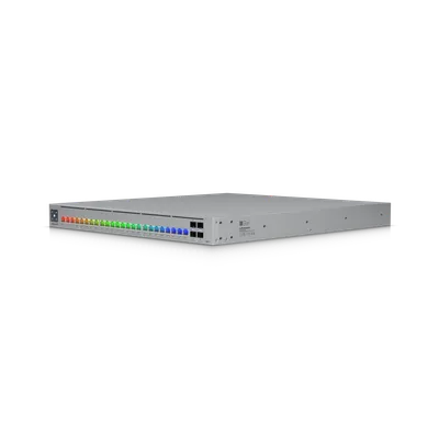 UniFi Enterprise Campus 24S Port Switch mit 24 Ethernet-Ports, SFP+-Anschlüssen und Status-LEDs in silbernem UniFi Enterprise Campus 24S Port Switch mit 24 Ethernet-Ports, SFP+-Anschlüssen und Status-LEDs in silbernem