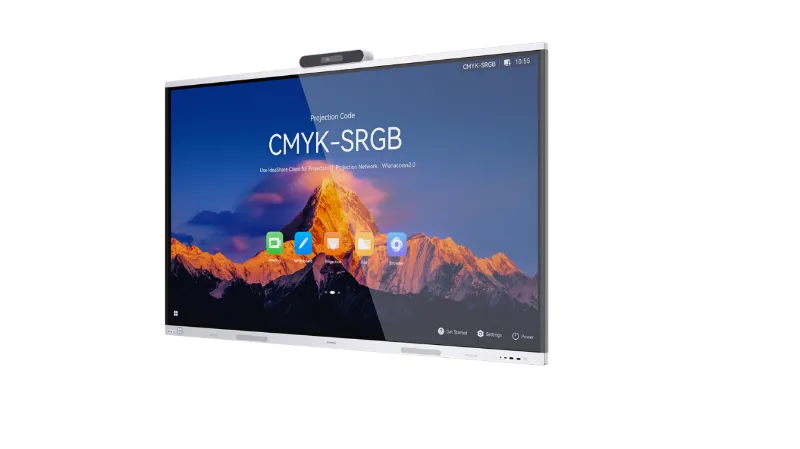 HUAWEI IdeaHub S3 75-inch infrared collaboration display in jade white angled view showing mountain landscape with