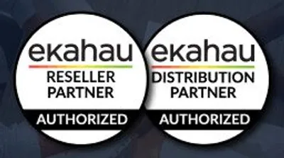 Ekahau Sidekick V2 2.4/5/6GHz trade-in promo badges showing authorized reseller and distribution partner logos on dark Ekahau Sidekick V2 2.4/5/6GHz trade-in promo badges showing authorized reseller and distribution partner logos on dark
