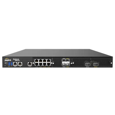 Peplink Balance 5000 EC чёрный сетевой маршрутизатор в стойке с логотипом, светодиодами, консольным портом, RJ45 и SFP28
