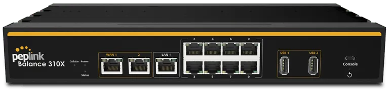 Router Peplink Balance 310X nero con striscia gialla, porte WAN/LAN, USB e LED di stato per connessioni aziendali affidabili.