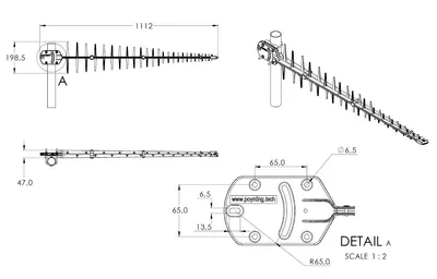 Poynting A-LPDA-0092 LTE/GSM-Yagi-Antenne mit 11 dBi, technische Zeichnung mit Maßen, Montagehalterung und SMA-Anschluss Poynting A-LPDA-0092 LTE/GSM-Yagi-Antenne mit 11 dBi, technische Zeichnung mit Maßen, Montagehalterung und SMA-Anschluss